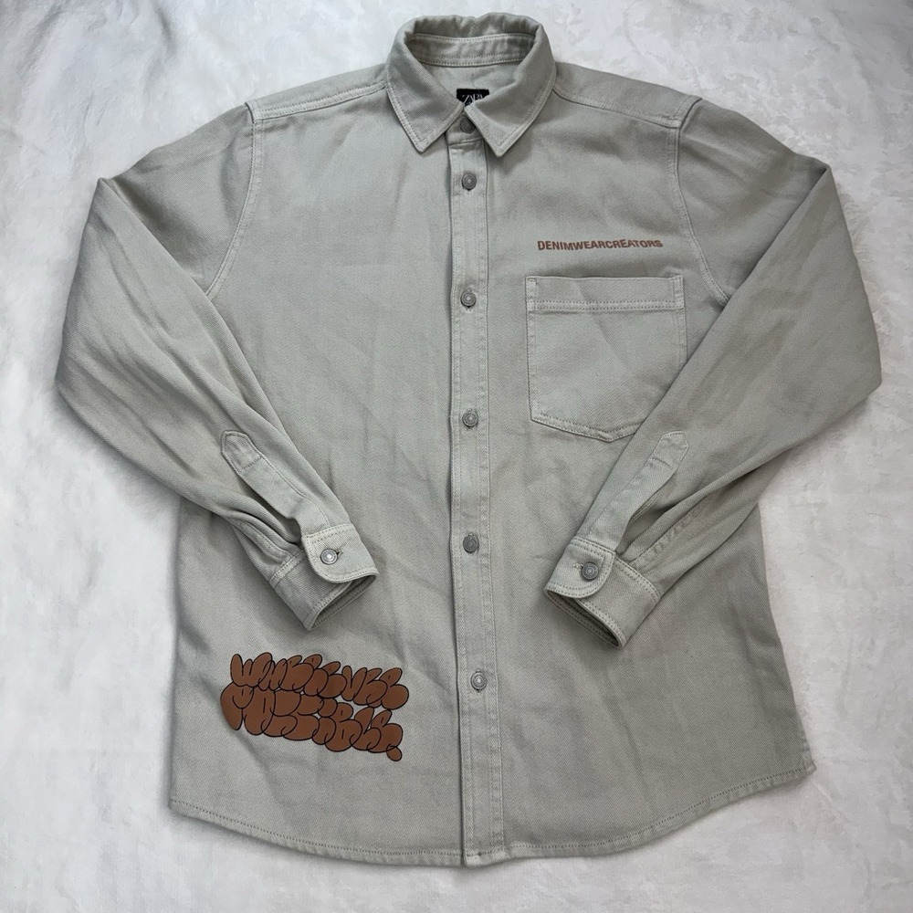 Zara DNWR Denim Jacket‎ Men M Ecru Graphic Button Up Relaxed Fit Workwear Style